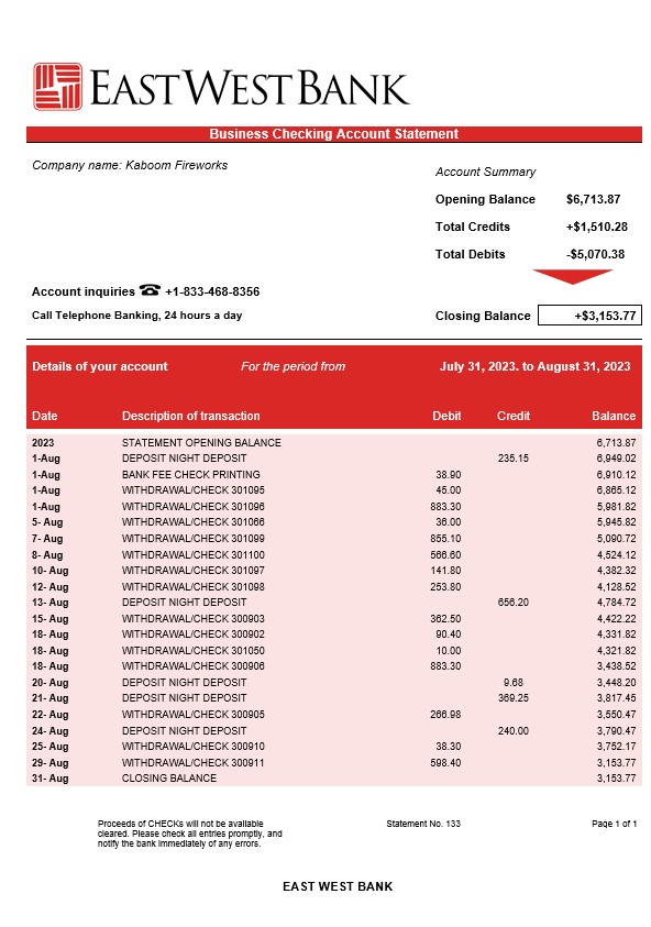 Modèle Word et PDF de relevé de compte d'entreprise de la Cisjordanie Est
